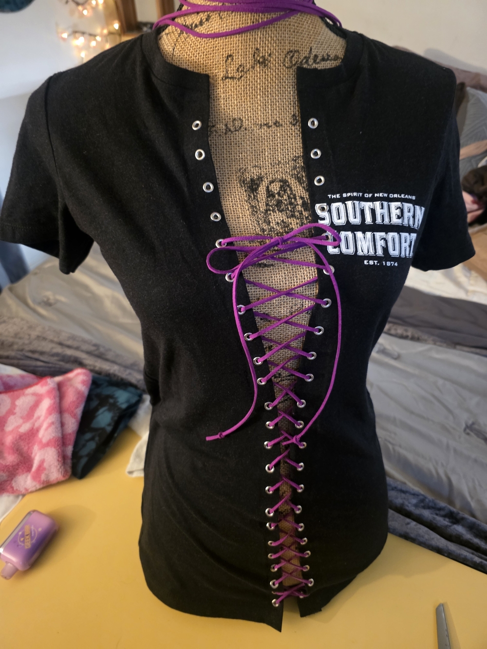 Southern Comfort Custom Black Lace-Up Short Sleeve Tee with Purple Lacing